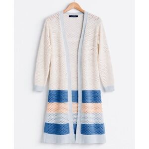 Tint & Shadow Cardigan Womens Small/Medium Cream Blue Open Knit Duster Boho Chic